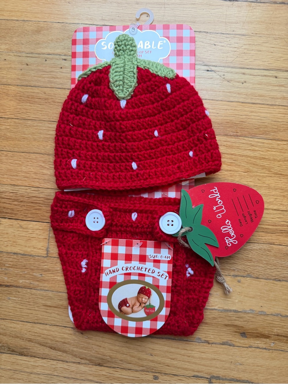 Hand-Crocheted Strawberry Baby Hat & Diaper Cover Set - Red Newborn photo